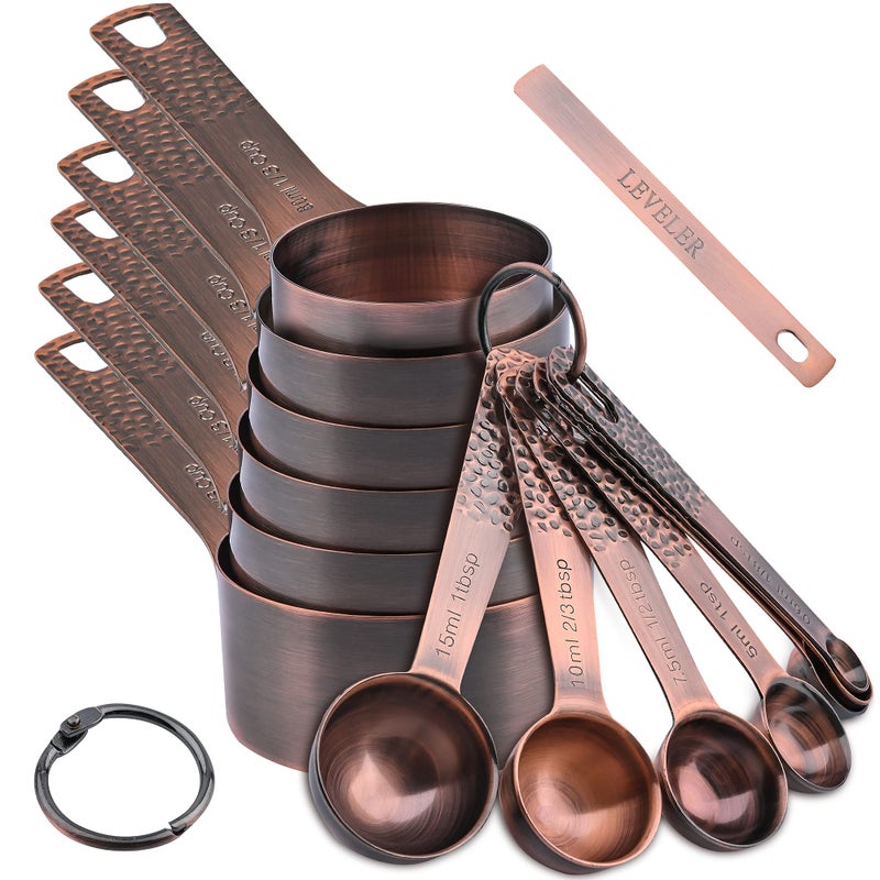 Smithcraft Copper Measuring Cups and Spoons Set, Stainless Steel Copper Plated 6 Metric & US Measuring Cups & 7 Spoons with Leveler for Baking & Kitchen - Image 1